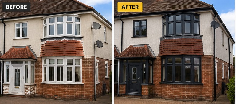 Before and after uPVC window and door spraying on traditional English house