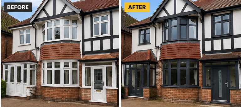 Before and after uPVC spraying on Tudor style English house