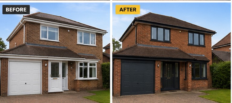 Before and after garage door and window spraying